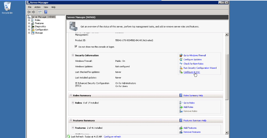 Disable Internet Explorer Enhanced Security Configuration for smoother MetaTrader installation on Windows 2008 Serve