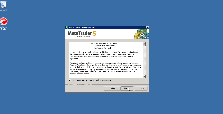 After installing MetaTrader 5, click Next to proceed with opening an account