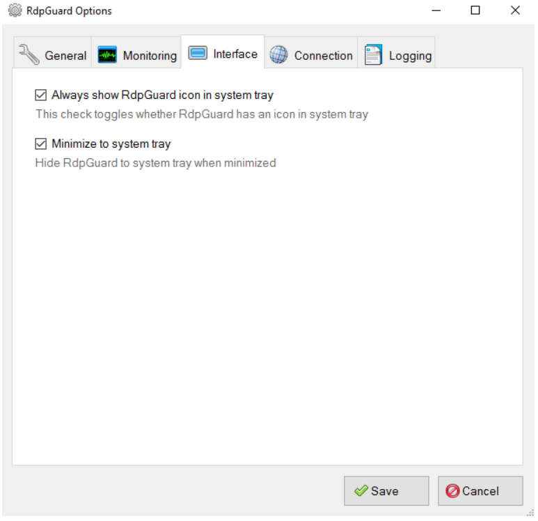 Interface tab displaying options to toggle the visibility of the RDPGuard icon in the system tray in Windows VPS.