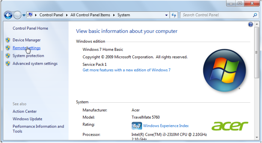 Select 'Remote Settings' to accessing remote settings in Windows for connection