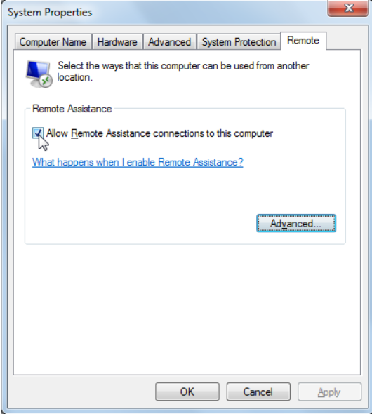 Enable Remote Assistance connection and access settings in Windows.