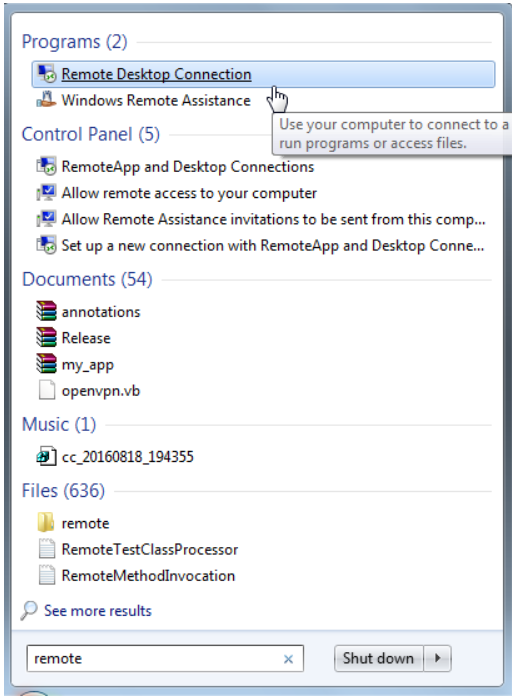 Search for ‘Remote Desktop Connection.’ Once located, click to open the RDP window