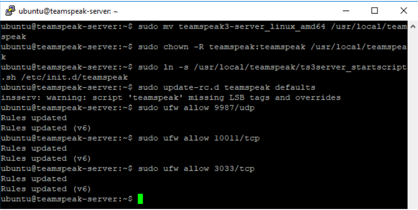 Move, set permissions, link, start on boot, and allow firewall access for TeamSpeak Server