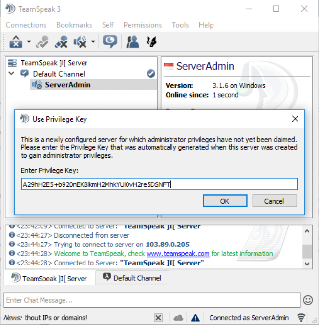 Copy the key from TeamSpeak Server and paste it in TeamSpeak Client