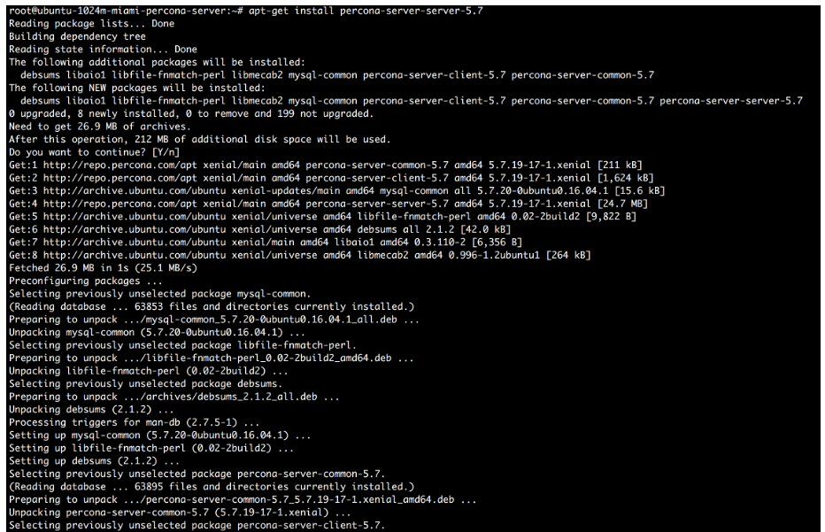 Conclude the process by installing the Percona Server package 'apt-get install percona-server-server-5.7'