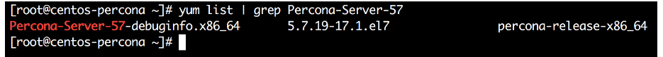 Ensure proper installation by listing the package with 'yum list | grep Percona-Server-57'