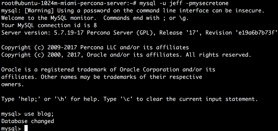 After authenticating as 'jeff,' switch to the newly created database using the SQL command 'use blog'