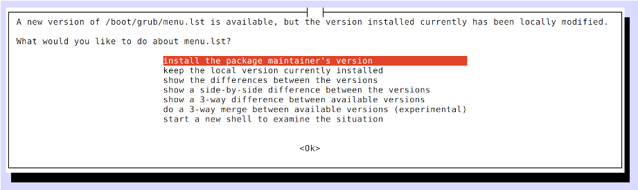Prompt box appears with the message "A new version of /boot/grub/menu.lst is available"