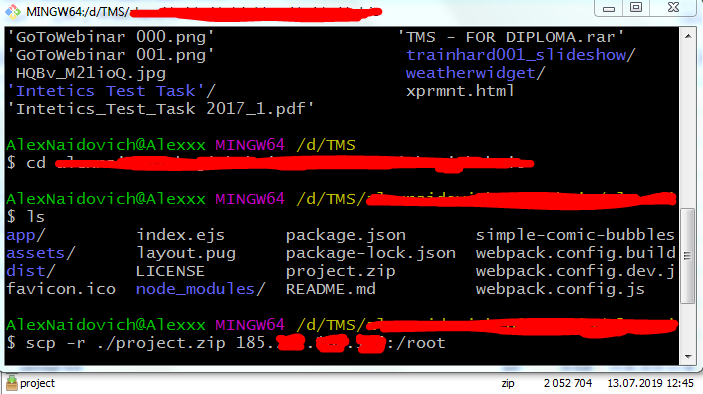 Create a ZIP archive of your project (exclude the "node_modules" folder and "package-lock.json" lockfile), and open another terminal from your local project directory.