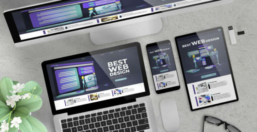 responsive design website on devices top view wooden desktop 3d rendering